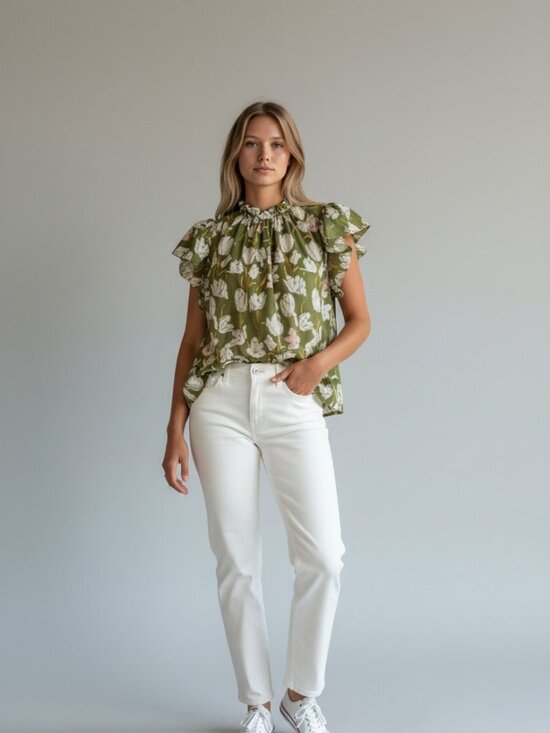 Trovata Tops - Trovata Birds of Paradis Carla High Neck Flutter Sleeve Blouse